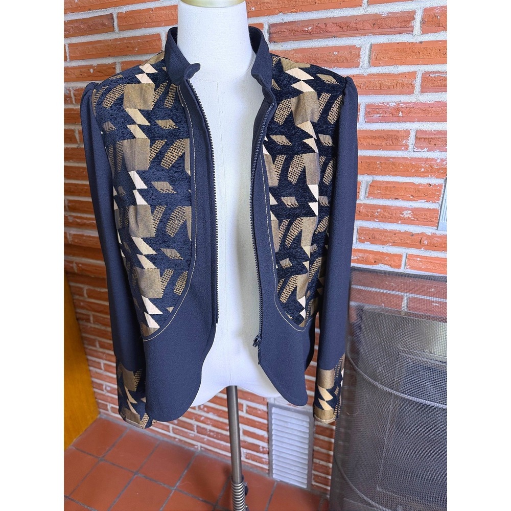 Kriss Sweden Women Black Gold Geometric Zip Front Jacket Puffed Shoulder Size 44